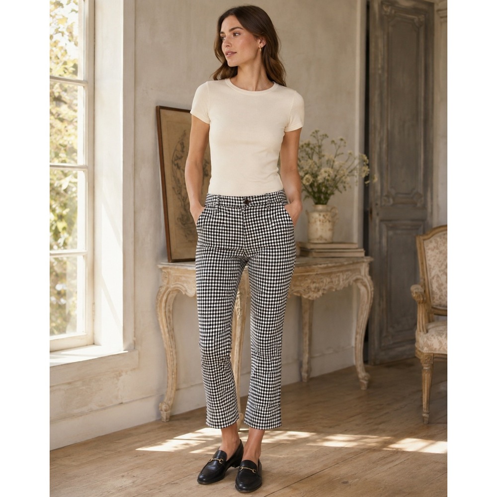 Anthropologie The Essential Crop Flare Black White Gingham Check Pant 6‎ Preppy